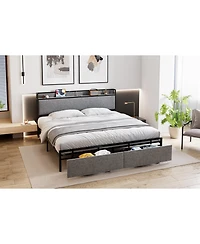 gaomon King Bed Frame with Storage Drawers & Charging Station, Upholstered Headboard, Noiseless, Sturdy, Easy Assembly
