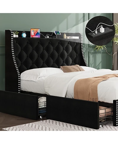 gaomon Full Bed Frame with Wingback Headboard & 4 Drawers, Velvet Upholstered, Charging Station, Button Tufted