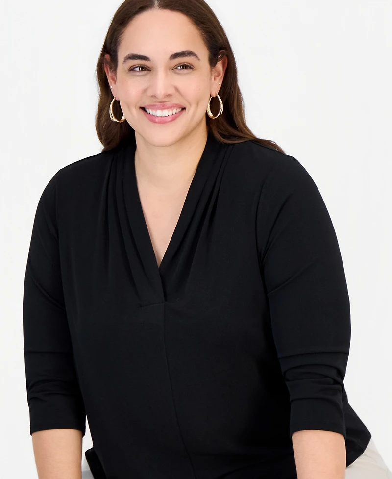 Jm Collection Plus Solid V-Neck 3/4-Sleeve Top, Exclusively at Macy's