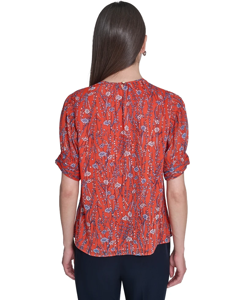Tommy Hilfiger Women's Floral Crew Neck Puff-Sleeve Top