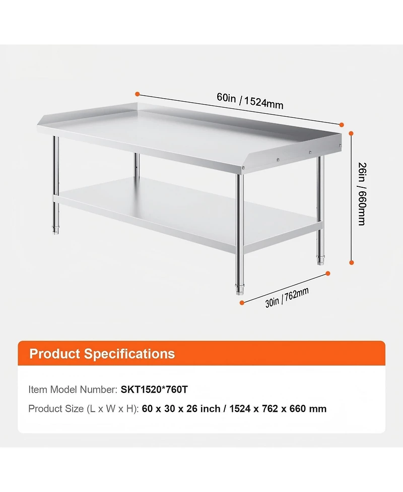 Gouun Stainless Steel Work Table 30 x x 26 in with 2 in Backsplash