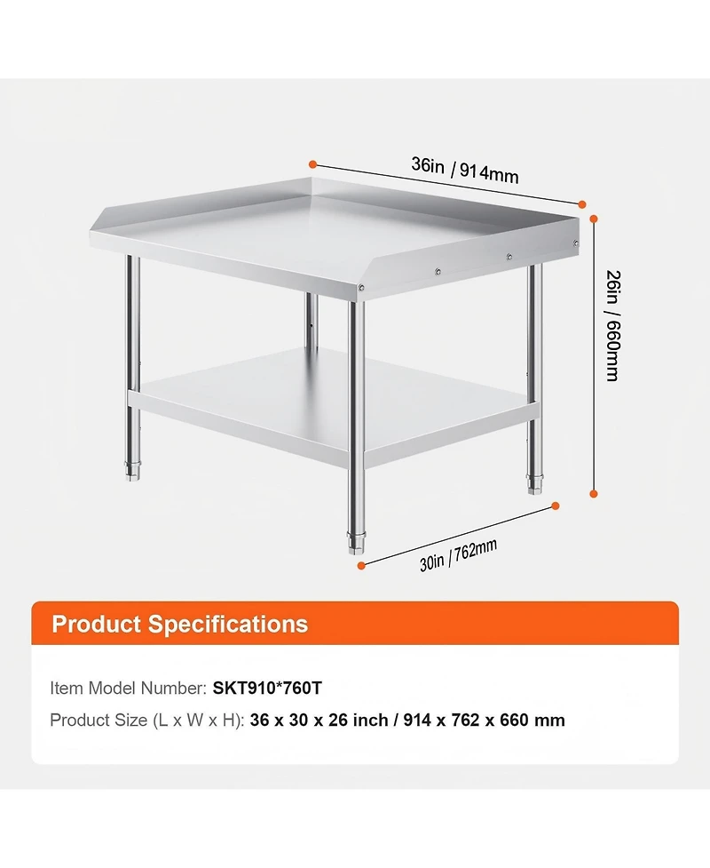 Gouun Stainless Steel Work Table 30 x 36 x 26 in with 2 in Backsplash, Adjustable Height