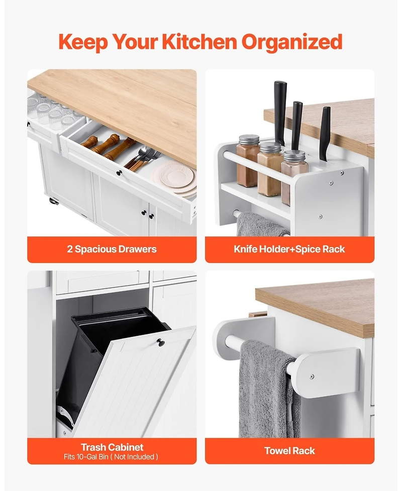 Gouun 60 in Rolling Kitchen Island Cart with Storage, 2 Drawers, Drop Leaf and Wheels