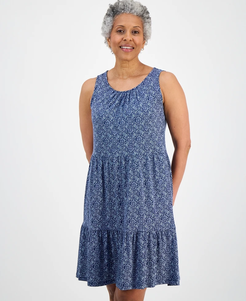 Style & Co Petite Printed Round-Neck Tiered Tank Dress, Macy's Exclusive