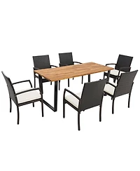 Gymax 7PCS Rattan Dining Set Acacia Wood Table 6 Wicker Chairs w/ Umbrella Hole Patio