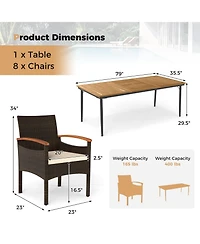 Gymax 9PCS Patio Pe Wicker Dining Set w/ Cushions and 1.9'' Umbrella Hole for Deck