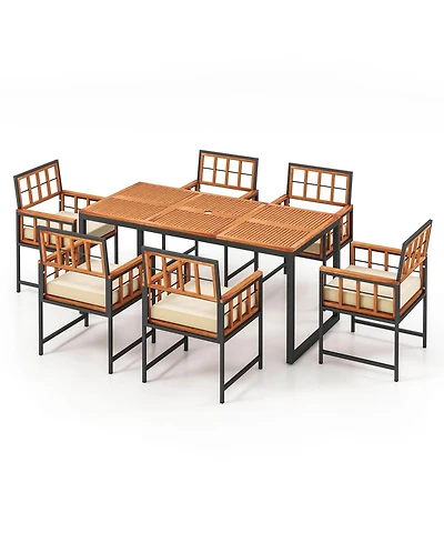 Gymax 7PCS Dining Set Outdoor Acacia Wood Table w/ Soft Cushions Umbrella Hole Patio