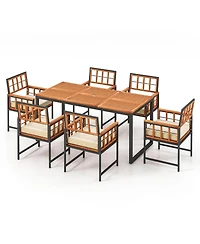 Gymax 7PCS Dining Set Outdoor Acacia Wood Table w/ Soft Cushions Umbrella Hole Patio