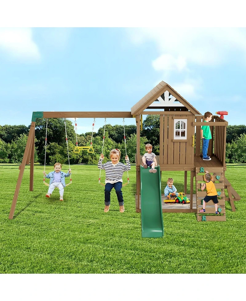 Gouun 9 in 1 Wooden Swing Set with Slide Swings Fort Picnic Table and Sandbox