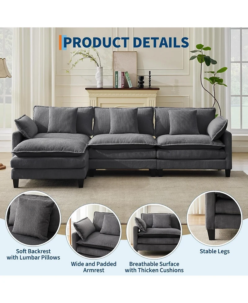 gaomon 112" Modular Sectional Sofa, U-Shaped Corduroy Cloud Couch with Ottoman and Pillows