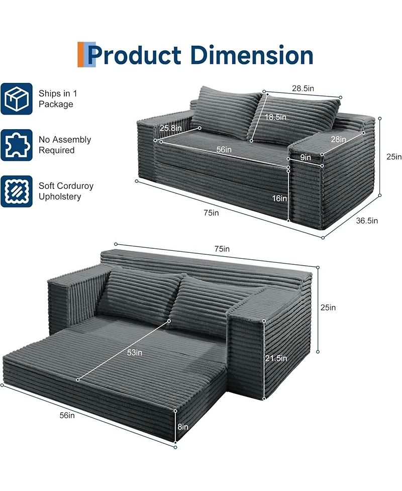 gaomon 75" Convertible Sofa Bed, Boneless Futon Couch with 2 Pillows, Pull-Out Loveseat Sleeper