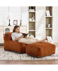 Rainsken Corduroy Bean Bag Chair with Ottoman, Large Beanbag with Side Pockets & Memory Foam for Living Room Lounge
