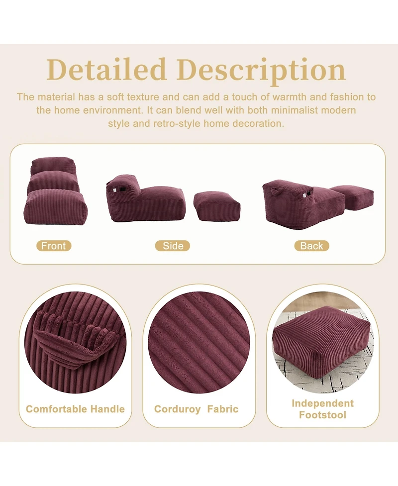Rainsken Big Corduroy Bean Bag Chair with Footstool, Memory Foam Filled Floor Chair with Side Pockets for Living Room