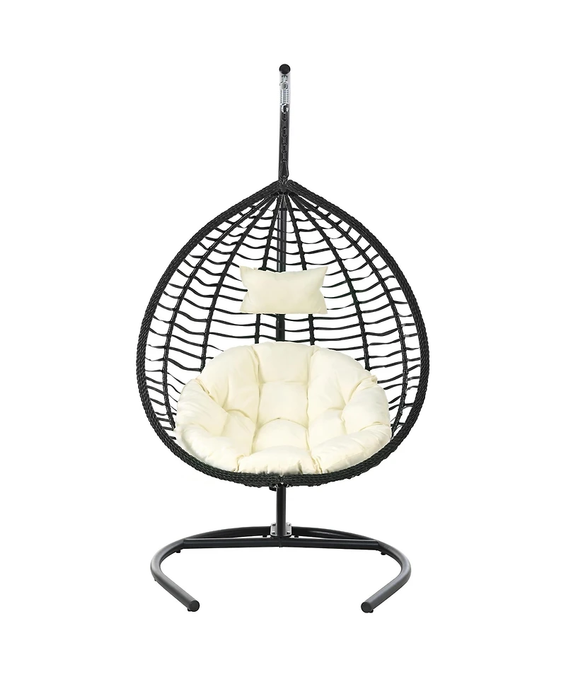 Rainsken Hanging Hammock Chair, Foldable Rattan Egg Swing Chair with Iron Frame, Plush Cushion and Removable Headrest for Indoor Outdoor