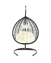 Rainsken Hanging Hammock Chair, Foldable Rattan Egg Swing Chair with Iron Frame, Plush Cushion and Removable Headrest for Indoor Outdoor
