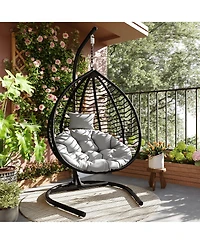 Rainsken Foldable Rattan Hanging Egg Chair, Swing Hammock Chair with Sturdy Iron Frame, Soft Cushion and Detachable Headrest for Indoor Outdoor Use