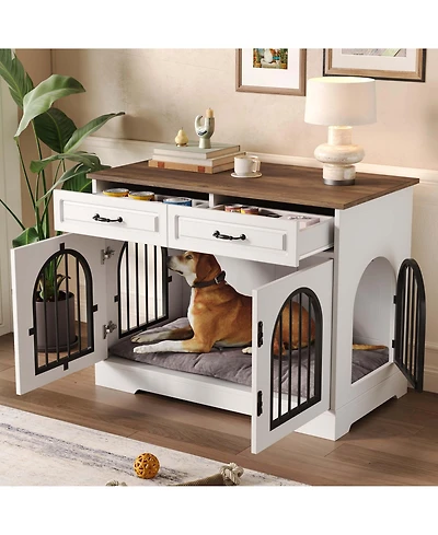 Aostirmotor 43.3" Dog Crate Furniture with Storage Drawers, Side Doors for Medium Large Dogs, End Table Kennel, WhiteandBrown