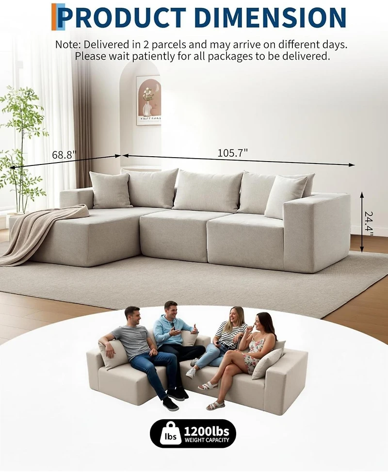gaomon 108" Modular Cloud Sectional Sofa, L-Shaped Couch with Chaise, Deep Seat, No Assembly