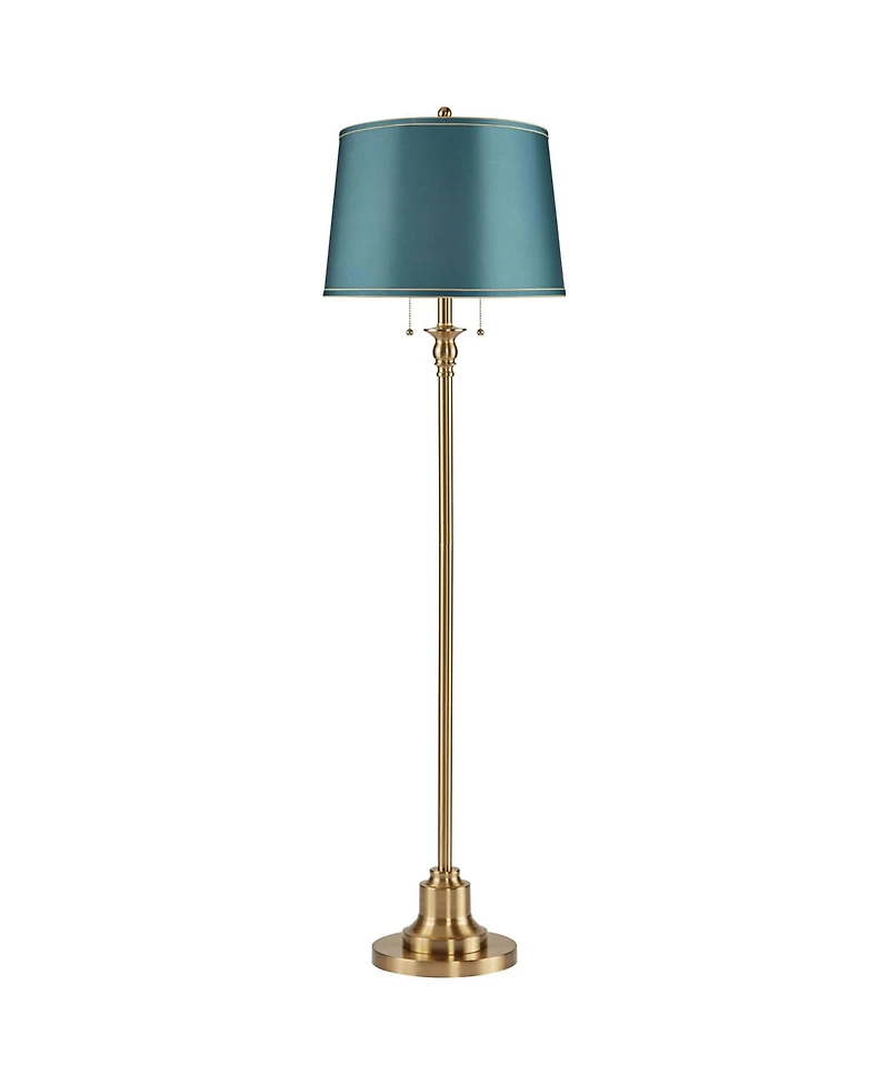 360 Lighting Dyna Traditional Tall 2-Light Standing Floor Lamp Pole Pull Chain Antique Brass Finish Drum Soft Teal Shade