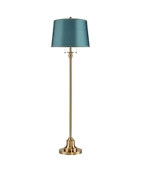 360 Lighting Dyna Traditional Tall 2-Light Standing Floor Lamp Pole Pull Chain Antique Brass Finish Drum Soft Teal Shade