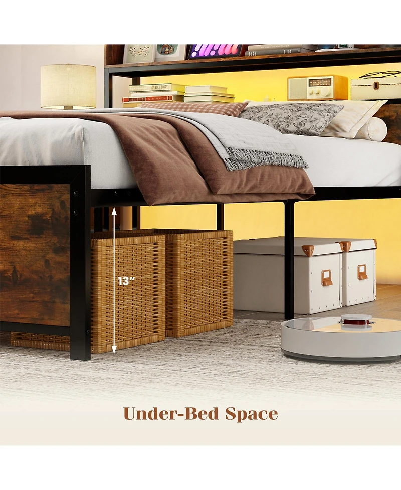 Gouun Led Bed Frame with Power Outlets and Storage Headboard