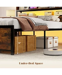 Gouun Led Bed Frame with Power Outlets and Storage Headboard