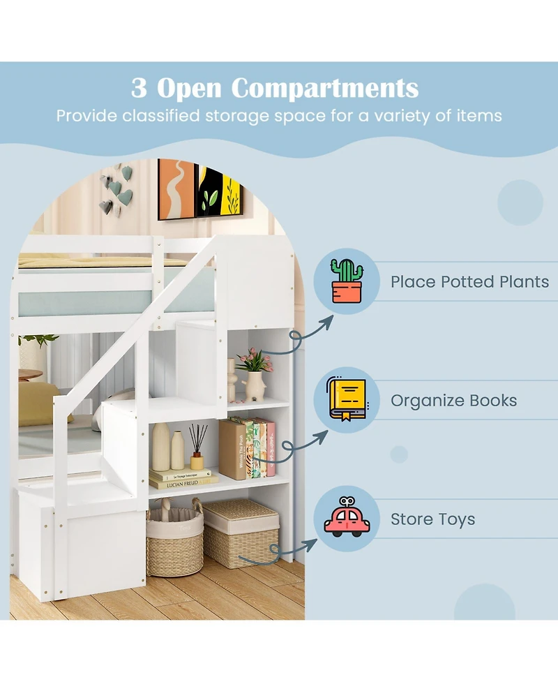 Gouun Solid Wood Twin Over Full Low Bunk Bed with Storage Stairs