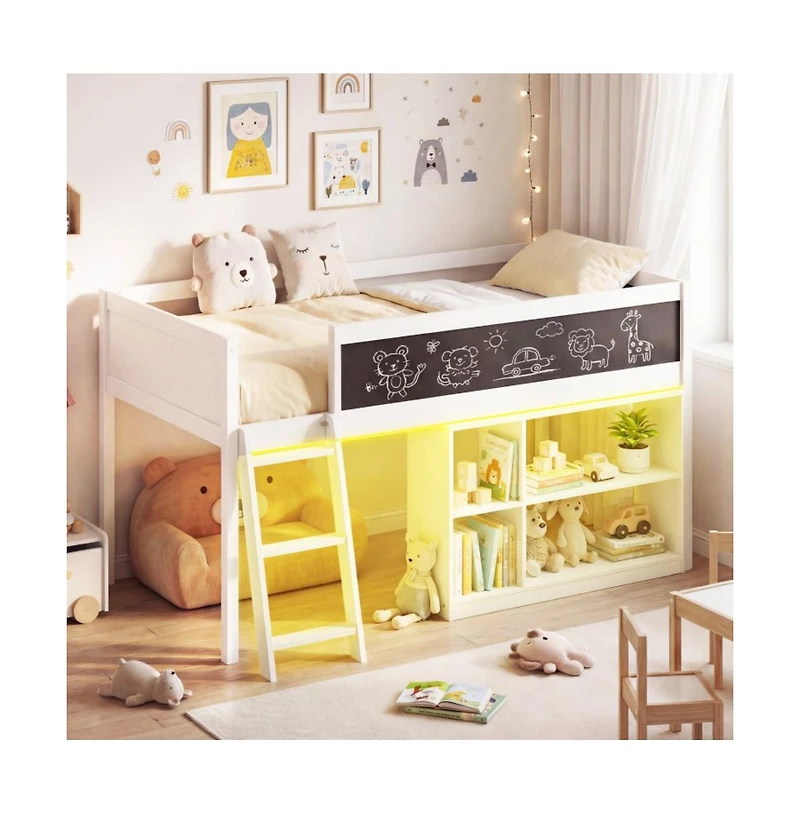 Gouun Kids Loft Bed with Led Lights and Removable Bookcase
