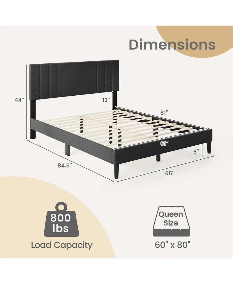 Gouun Bed Frame with Vertical Channel Tufted Headboard and Wooden Slats