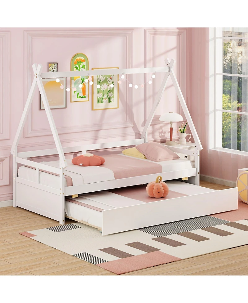 Gouun House Bed with Trundle and Safety Guardrail
