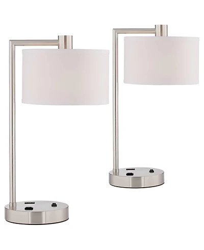 360 Lighting Colby Modern Desk Lamps 21" High Set of 2 Brushed Nickel with Usb and Ac Power Outlet in Base Drum Shade for Bedroom Office