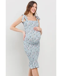Hello Miz Maternity Floral Smocked Square Neck Bodycon Midi Matertnity Dress with Adjustable Tie Straps