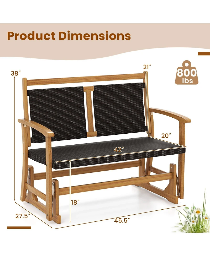 Sugift Patio Rattan Glider Bench for 2 with Acacia Wood Frame and Wicker Seat Back