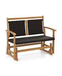 Sugift Patio Rattan Glider Bench for 2 with Acacia Wood Frame and Wicker Seat Back