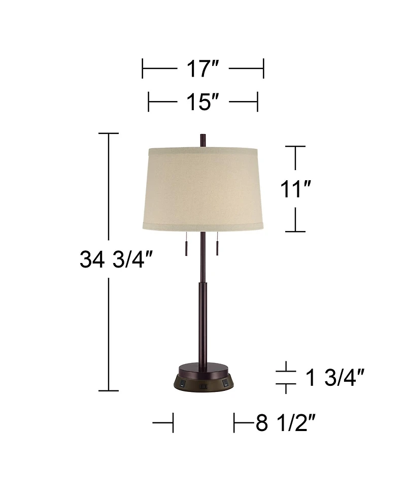 Possini Euro Design Modern Table Lamp with Usb and Ac Power Outlet Workstation Charging Base 33" Tall Drum Shade Office