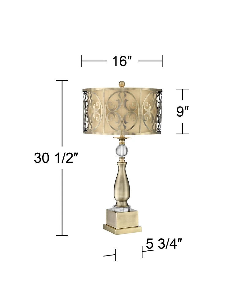 Possini Euro Design Traditional Table Lamp 30 1/2" with Usb Dimmer Tall Brass Metal stick Double Drum Shade for Bedroom Living Room House Home