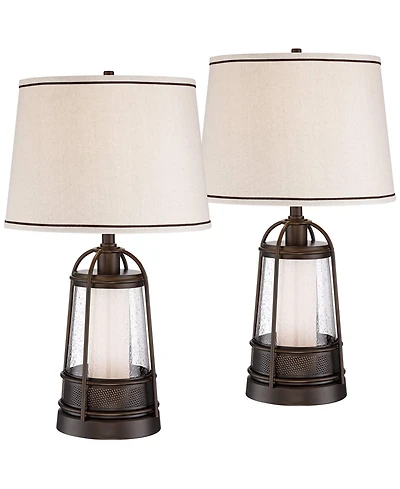 Franklin Iron Works Hugh 26" Tall Rustic Farmhouse Lantern Table Lamps with Led Nightlights, Set of 2