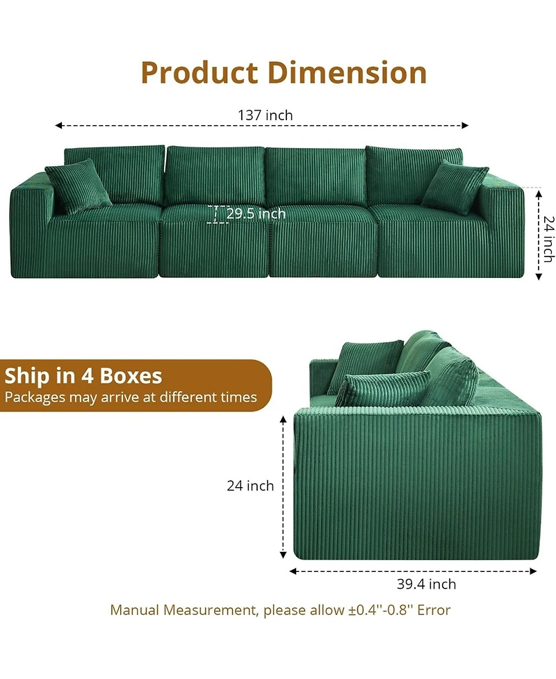 gaomon 137" Cloud Sectional Sofa, Modular Linear Couch, Corduroy Fabric, No Assembly, Convertible Sleeper