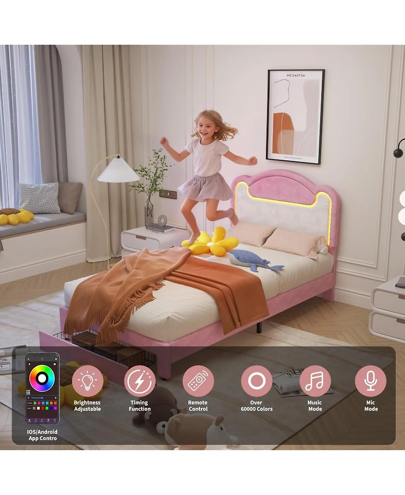 gaomon Upholstered Bed Frame with Led Lights & Storage Drawers, Fabric Headboard Wood Slats, No Box Spring Needed, Princess for Girls