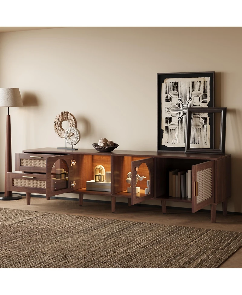Rainsken Led Tv Stand for TVs up to 80'', Rattan Media Console Table, Entertainment Center with 3 Cabinets and 2 Drawers for Living Room