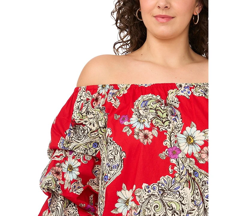 Msk Plus Printed Cotton Off-The-Shoulder Dress