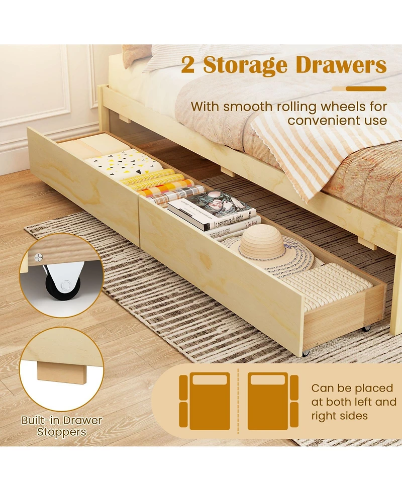 Sugift Wooden Bed Frame with Rolling Storage Drawers