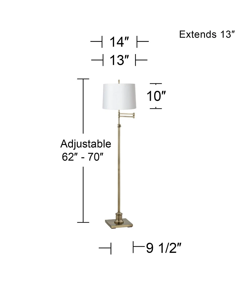 360 Lighting Modern Swing Arm Floor Lamp Adjustable Height 70" Tall Antique Brass Hardback Drum Shade for Living Room Reading Bedroom