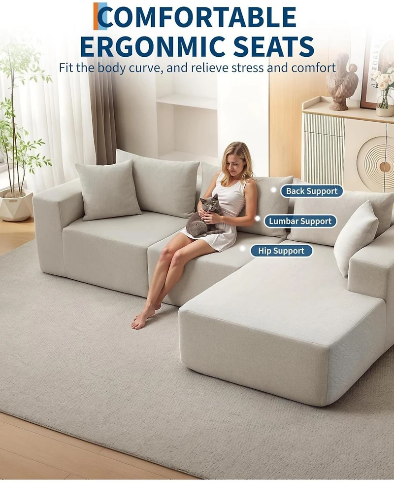 gaomon 108" Modular Cloud Sectional Sofa, L-Shaped Couch with Chaise, Deep Seat, No Assembly - Beige (cotton linen fabric)