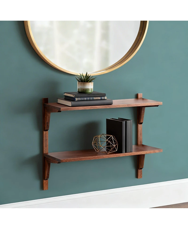 Yigii Mid-century Wall Shelf 24" Walnut 2-Tier Solid Wood Storage