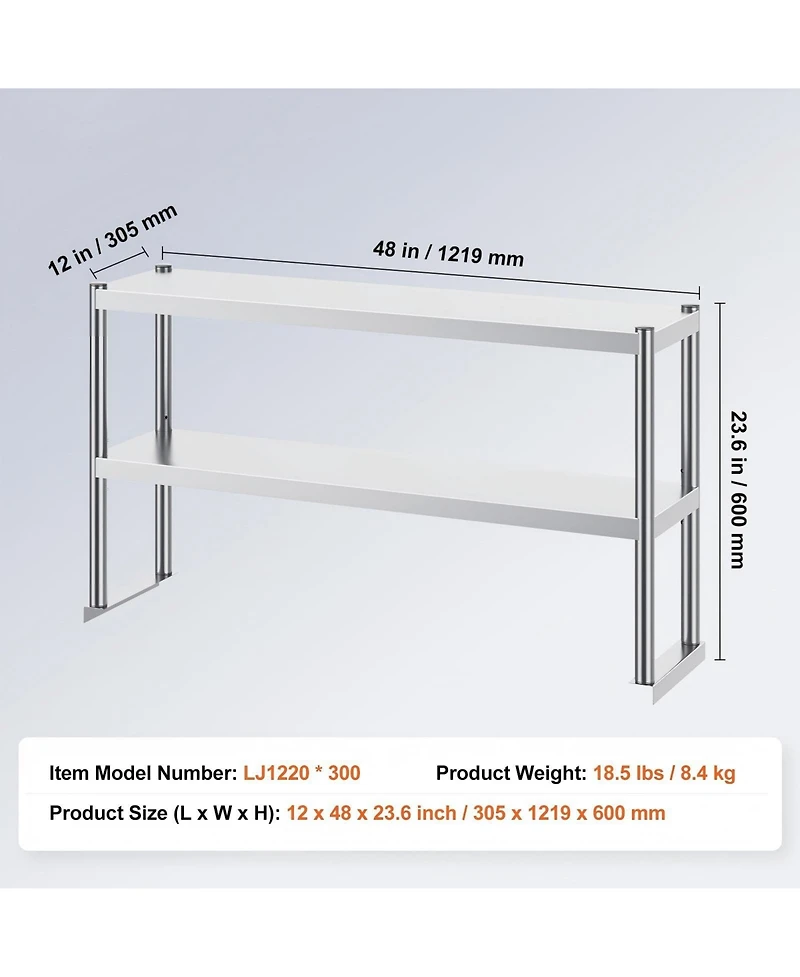 Gouun 12 x 48 in Double Overshelf Adjustable Stainless Steel Storage Shelf