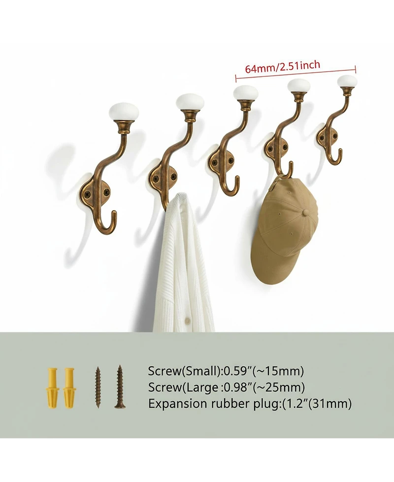 Yigii 5-Pack Double Wall-Mounted Coat Hooks, Decorative Hardware for Bathroom, Bedroom & Kitchen