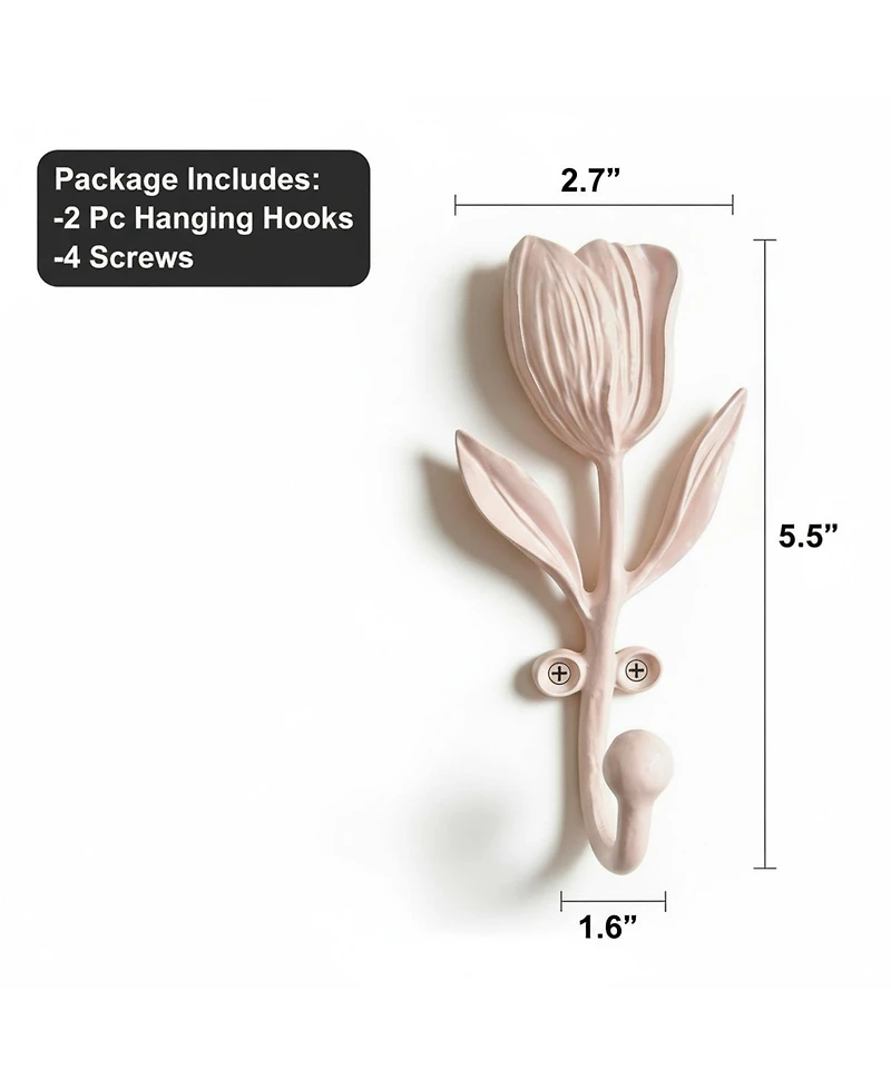 Yigii Tulip Decorative Wall Hooks, 2 Pack Metal Wall Mounted Hooks for Clothes, Bags, Towels & Hats
