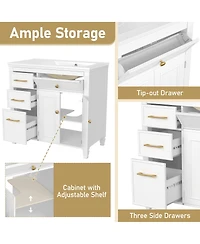 Sillysis 36" Bathroom Vanity with Ceramic Sink, Freestanding Cabinet with Tip-Out & Side Drawers, Adjustable Shelf, Modern Storage.