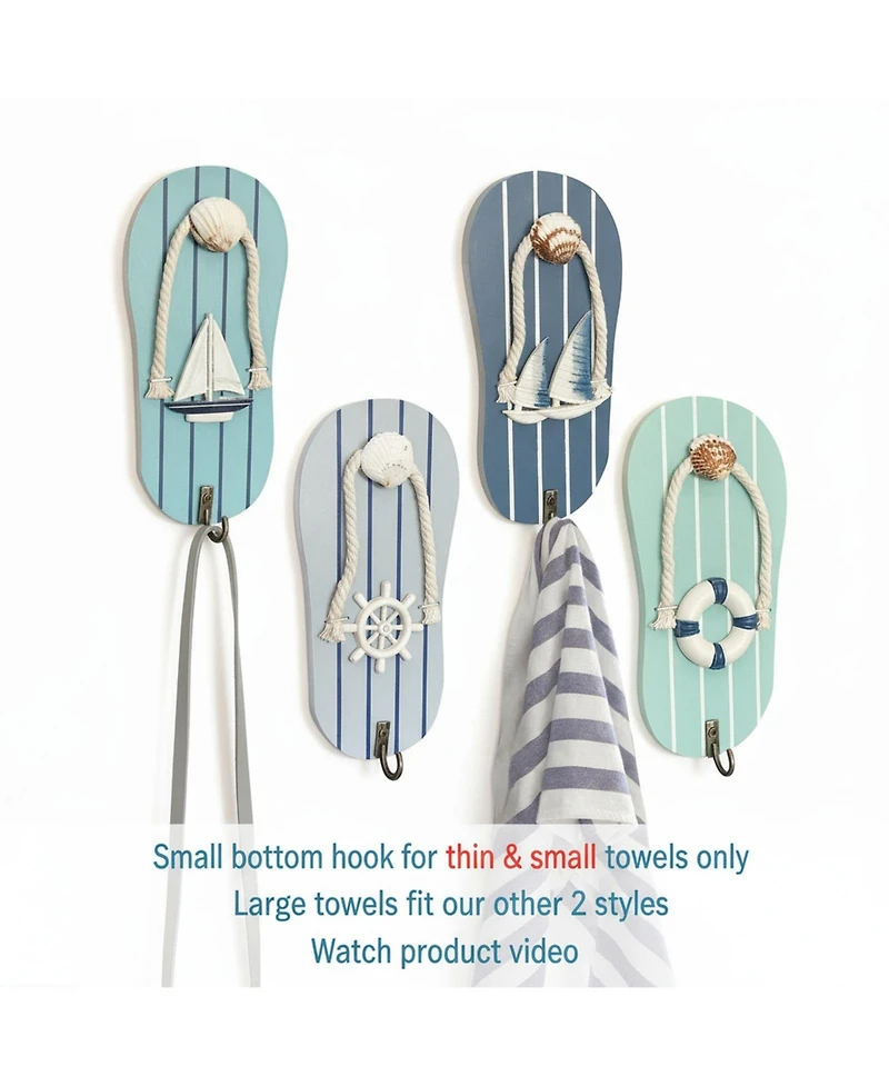 Yigii Cute Flip Flop Wooden Wall Hooks Beach Themed Metal Hooks Decor for Bathroom Poolside Beach Houses